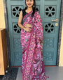 Timeless Wine Handcrafted Printed Saree with Artistic Motifs