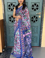 Timeless Royal Blue Handcrafted Printed Saree with Artistic Motifs