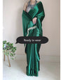 1-MIN READY TO WEAR Forest Green Satin Silk Saree With Handmade Tassels On Pallu