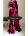 1-MIN READY TO WEAR Cherry wine satin silk saree with handmade tassels on pallu