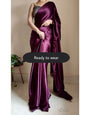 1-MIN READY TO WEAR Dark Eggplant Wine Satin Silk Saree With Handmade Tassels On Pallu