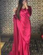 1-MIN READY TO WEAR Hot Pink Satin Silk Saree With Handmade Tassels On Pallu