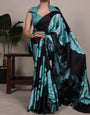 Elegant Modern Floral Prints Teal Satin Silk Saree with Luxurious Drape