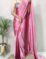 1-MIN READY TO WEAR Dusty Rose Satin Silk Saree With Handmade Tassels On Pallu