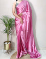 1-MIN READY TO WEAR Rose Pink Satin Silk Saree With Handmade Tassels On Pallu