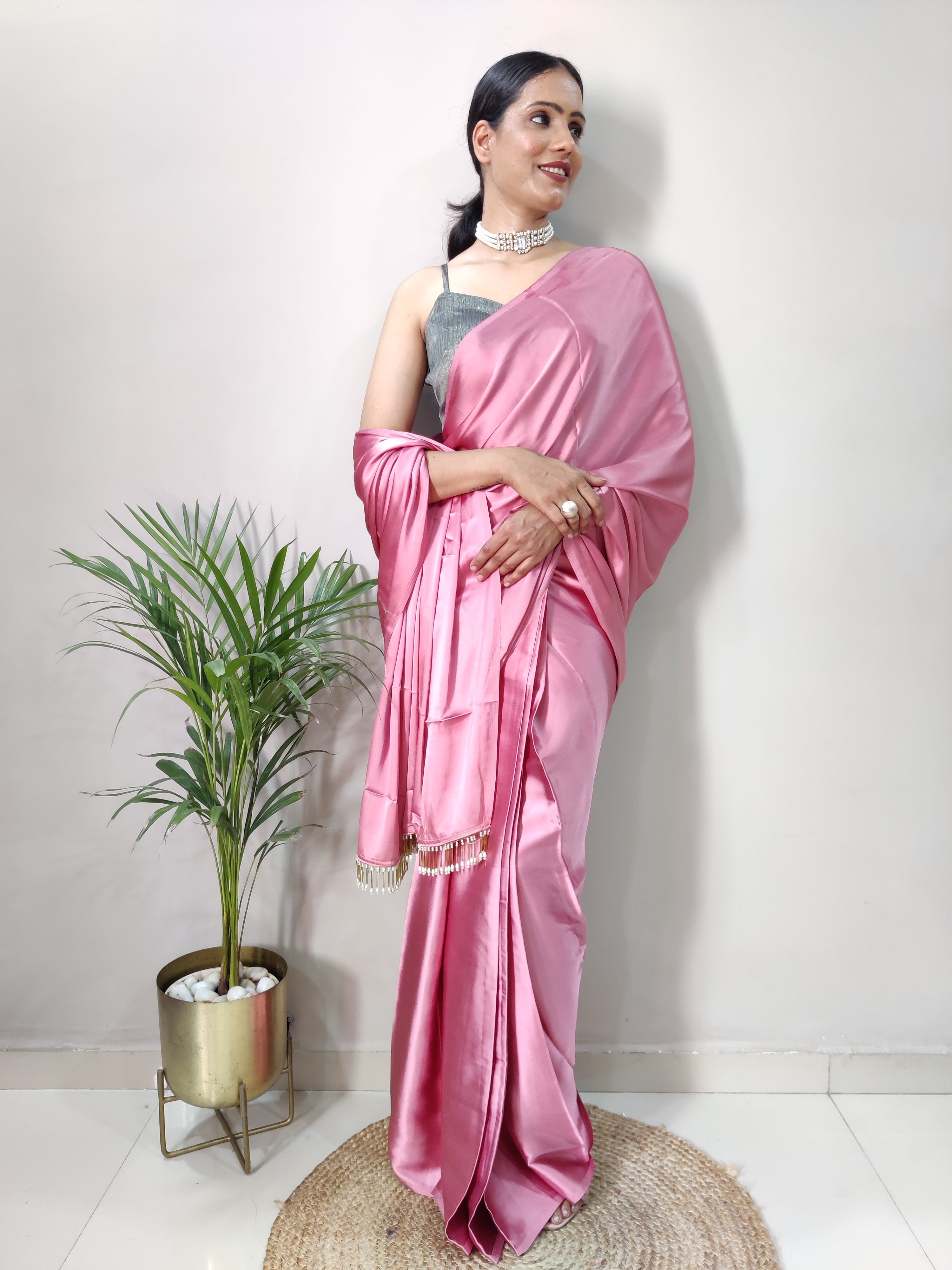 1-MIN READY TO WEAR  Rose Pink Satin Silk Saree With Handmade Tassels On Pallu