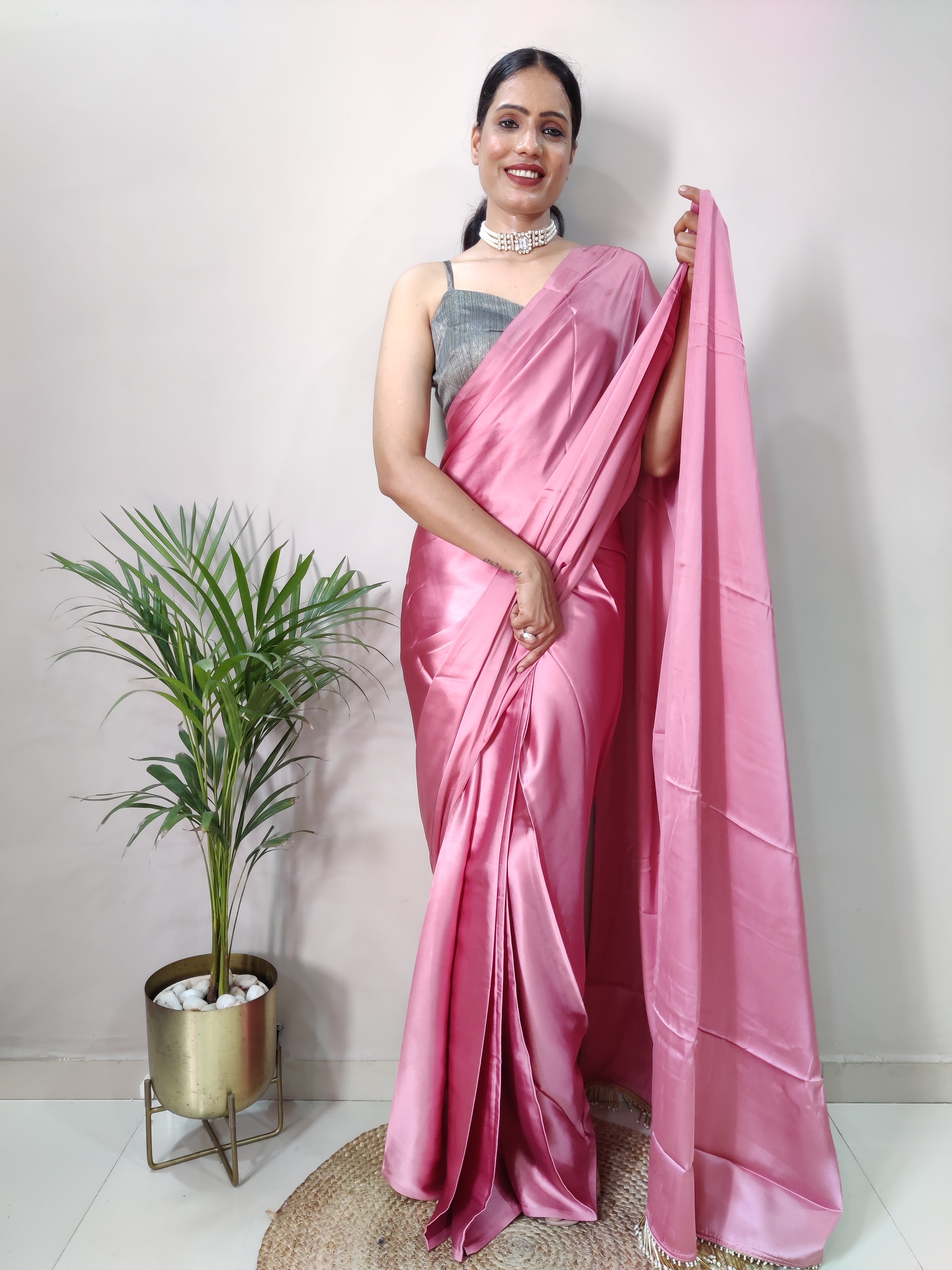 1-MIN READY TO WEAR  Dusty Rose Satin Silk Saree With Handmade Tassels On Pallu