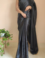 1-MIN READY TO WEAR Black Satin Silk Saree With Handmade Tassels On Pallu