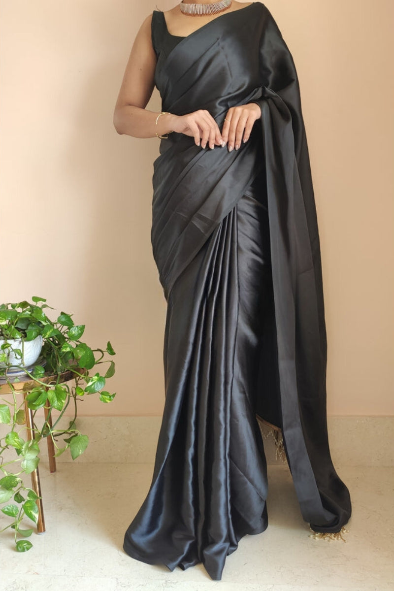 1-MIN READY TO WEAR Black Satin Silk Saree With Handmade Tassels On Pallu