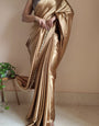 1-MIN READY TO WEAR Champagne Gold Satin Silk Saree With Handmade Tassels On Pallu