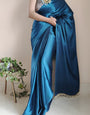 1-MIN READY TO WEAR Cobalt Blue Satin Silk Saree With Handmade Tassels On Pallu