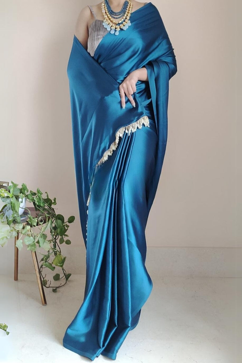 1-MIN READY TO WEAR   Cobalt Blue Satin Silk Saree With  Handmade Tassels On Pallu