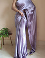 1-MIN READY TO WEAR Dull Lavender Satin Silk Saree With Handmade Tassels On Pallu