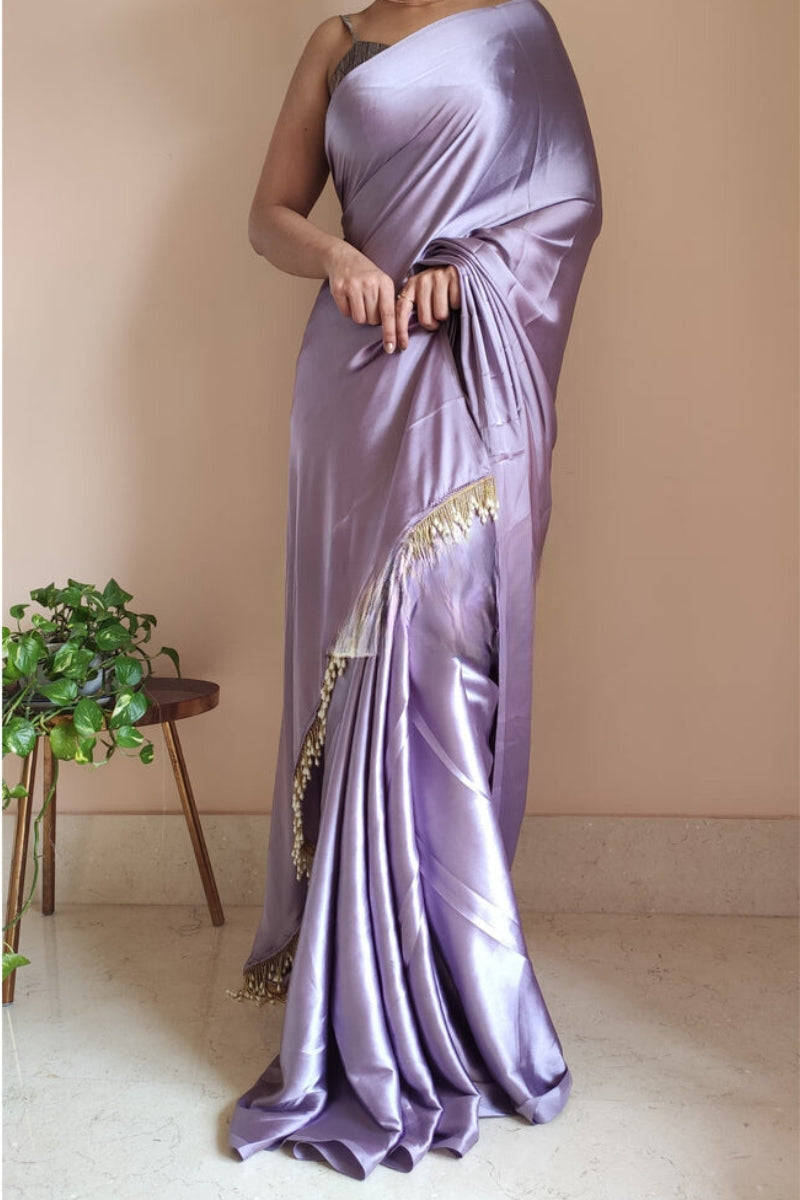 1-MIN READY TO WEAR Dull Lavender Satin Silk Saree With  Handmade Tassels On Pallu