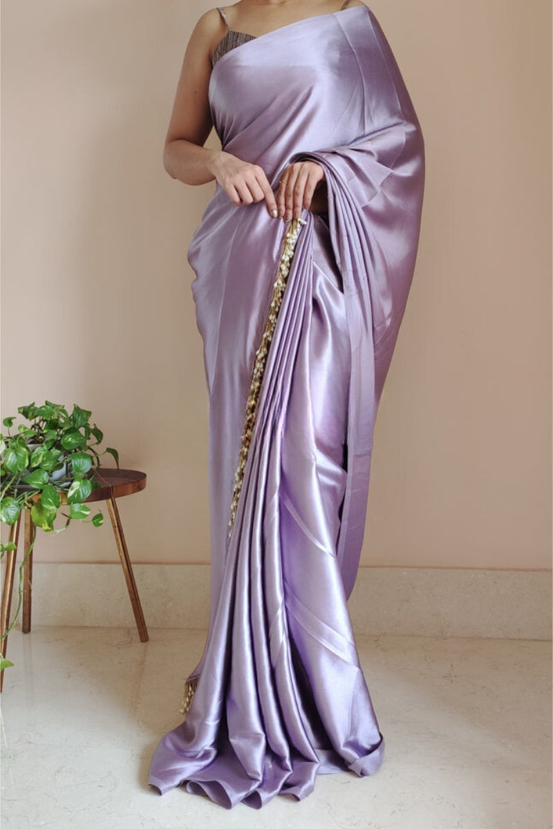1-MIN READY TO WEAR Dull Lavender Satin Silk Saree With  Handmade Tassels On Pallu