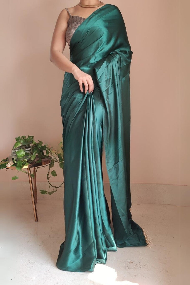 1-MIN READY TO WEAR 1-Minute Ready To Wear Emerald Green Satin Silk Saree With  Handmade Tassels On Pallu
