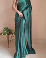1-MIN READY TO WEAR 1-Minute Ready To Wear Emerald Green Satin Silk Saree With Handmade Tassels On Pallu