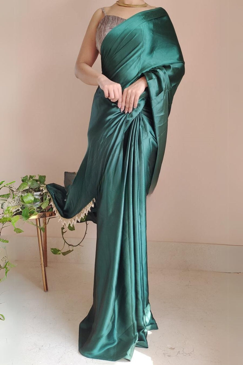 1-MIN READY TO WEAR 1-Minute Ready To Wear Emerald Green Satin Silk Saree With  Handmade Tassels On Pallu