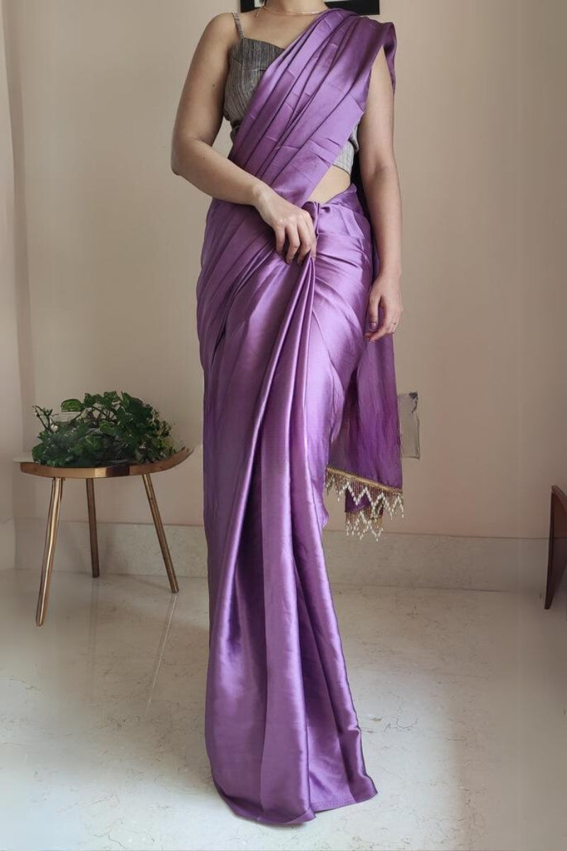 1-MIN READY TO WEAR   Heather Satin Silk Saree  With  Handmade Tassels On Pallu