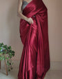1-Minute Ready To Wear Maroon Satin Silk Saree With Handmade Tassels On Pallu