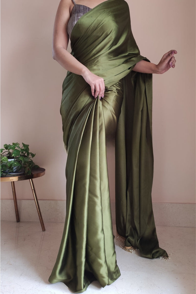 1-MIN READY TO WEAR  Olive Green Satin Silk Saree  With  Handmade Tassels On Pallu