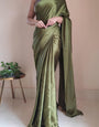 1-MIN READY TO WEAR  Olive Green Satin Silk Saree  With  Handmade Tassels On Pallu