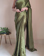 1-MIN READY TO WEAR Olive Green Satin Silk Saree With Handmade Tassels On Pallu