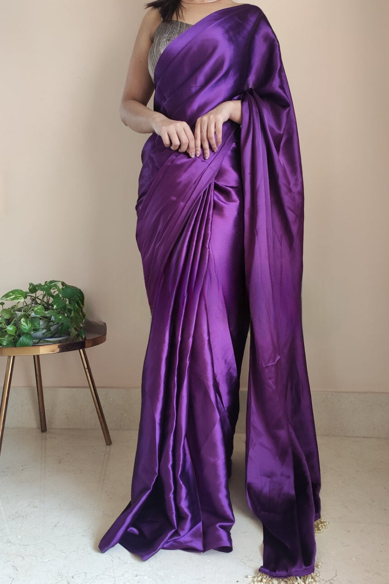 1-MIN READY TO WEAR   Violet Satin Silk Saree With  Handmade Tassels On Pallu