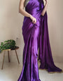 1-MIN READY TO WEAR Violet Satin Silk Saree With Handmade Tassels On Pallu