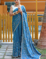 Blue Soft Silk Saree With Thread HandWork & Cutwork Border