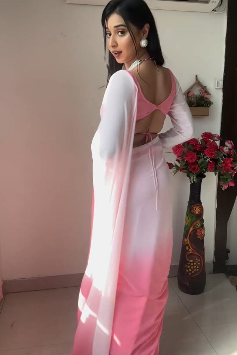 Profuse 1-Minute Ready To Wear Pink And White Color Georgette Saree