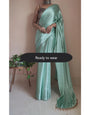 1-MIN READY TO WEAR Mint Green Satin Silk Saree With Handmade Tassels On Pallu