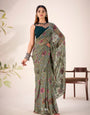 Floral Brasso Mehndi Green Saree with Attached Pleats & Matching Blouse