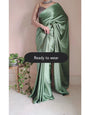 1-MIN READY TO WEAR Moss Green Satin Silk Saree With Handmade Tassels On Pallu