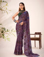 Floral Brasso Wine Saree with Attached Pleats & Matching Blouse