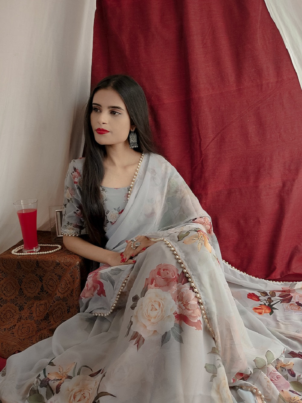 Ready To Wear Off White Color Printed With Pearl Lace Border Georgette Saree
