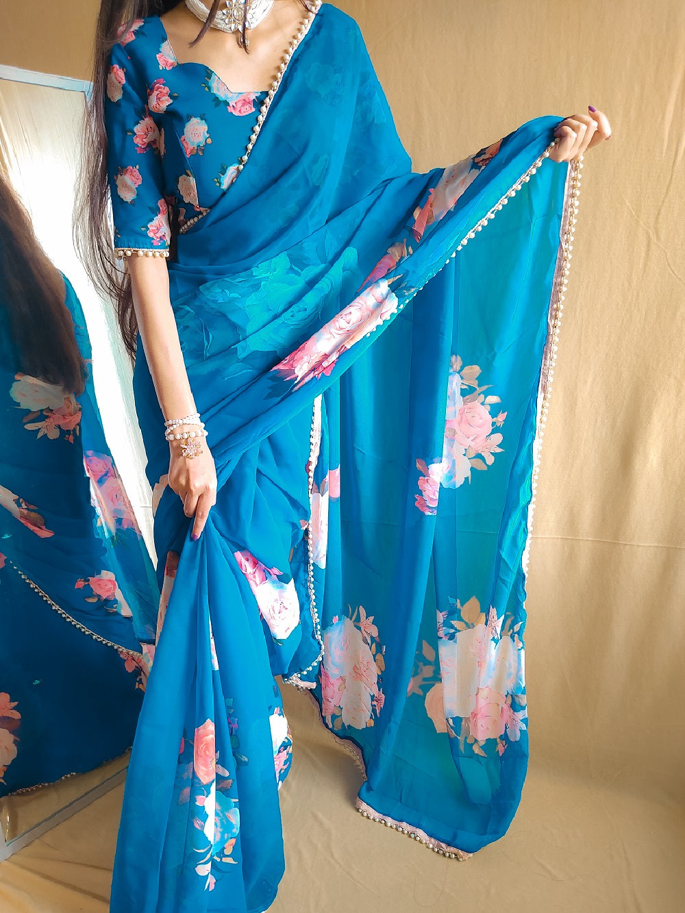 Ready To Wear Firozi Color Printed With Peral Lace Border Georgette Stylist Saree