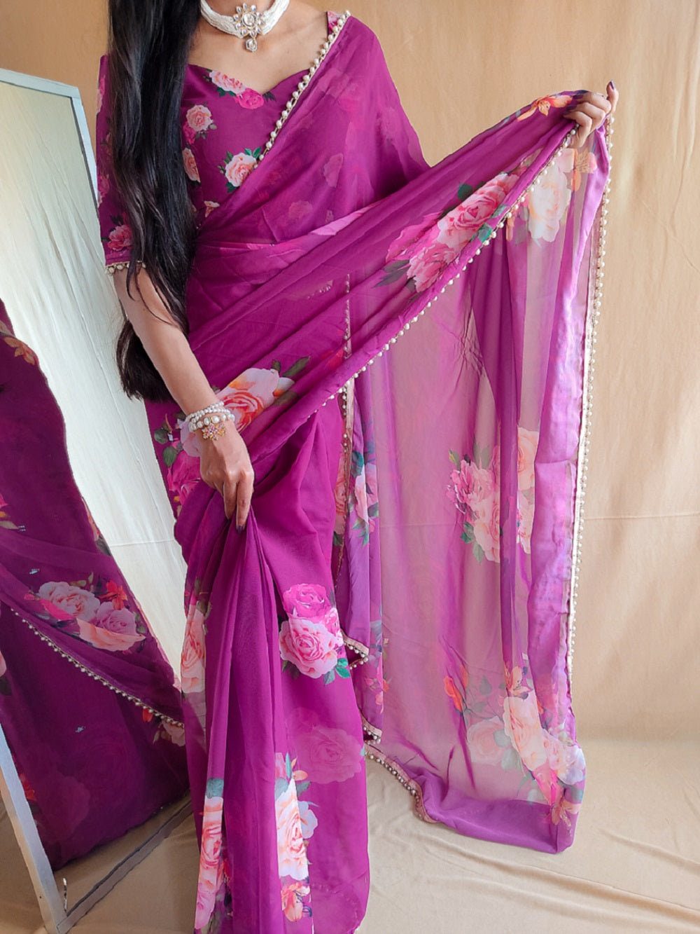 Ready To Wear Purple Color Printed With Peral Lace Border Georgette Fancy Saree