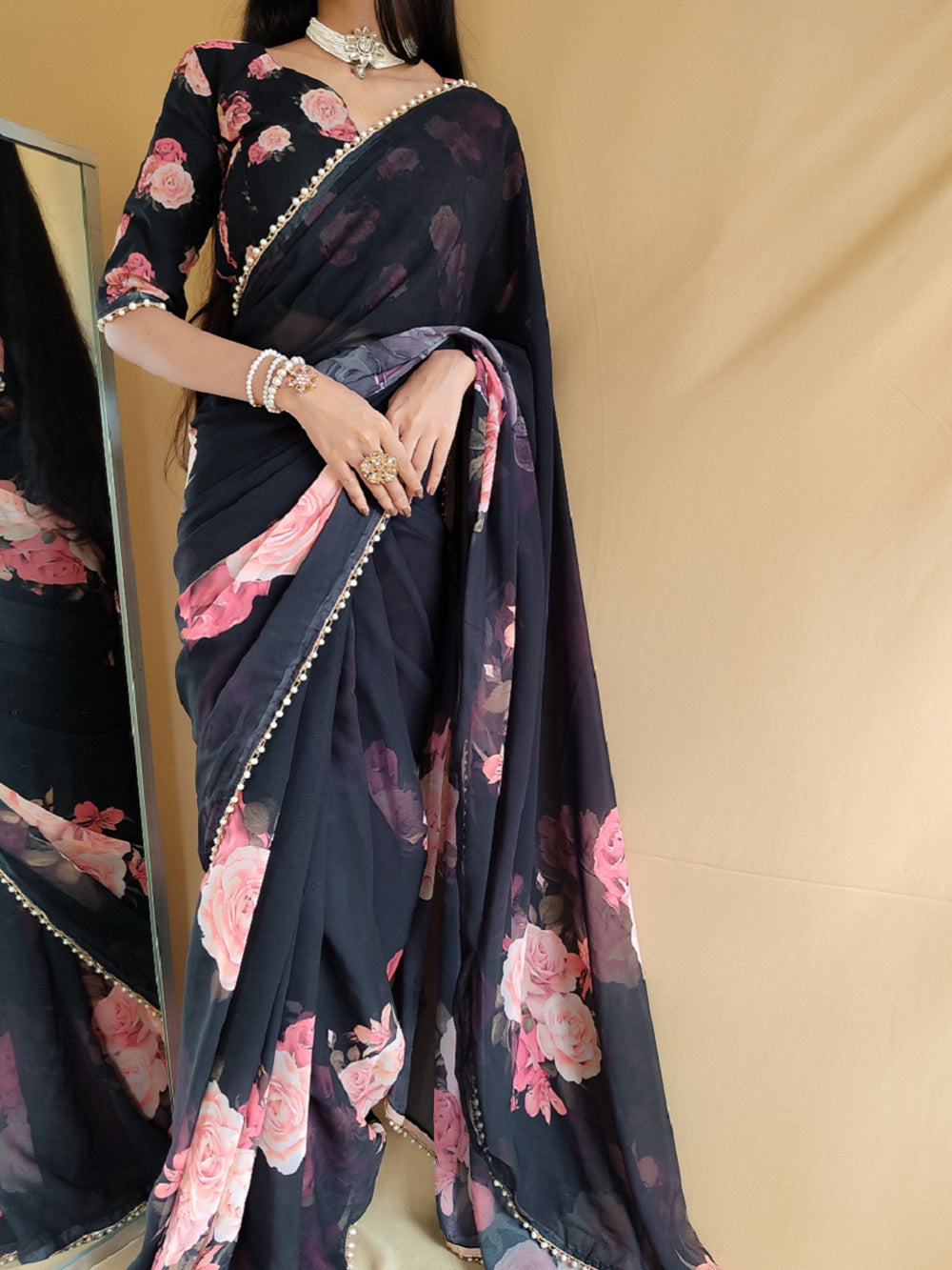 Ready To Wear Black Color printed With Peral Lace Border Georgette Saree