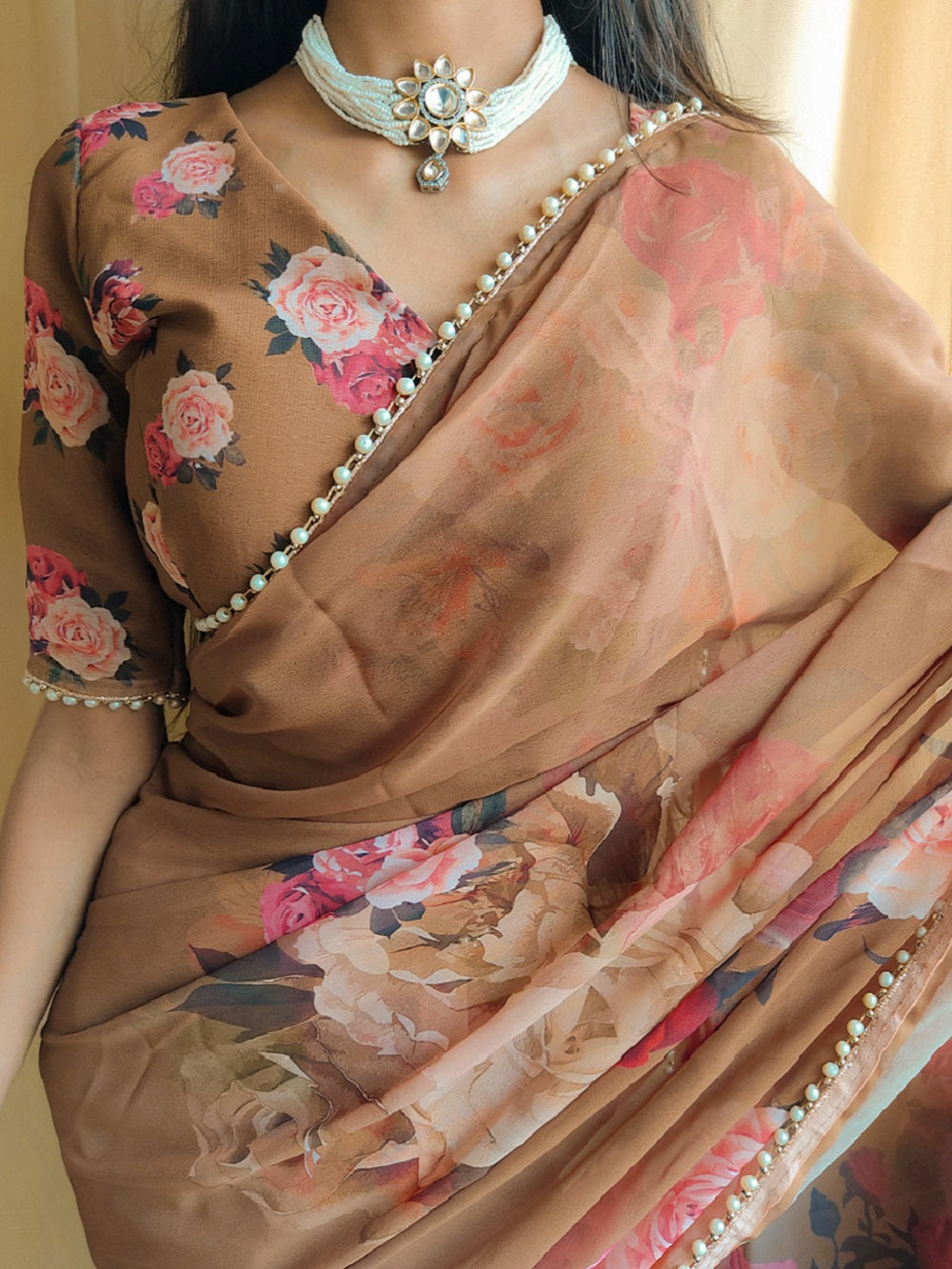 Ready To Wear Brown Color Printed With Peral Lace Border Georgette Saree