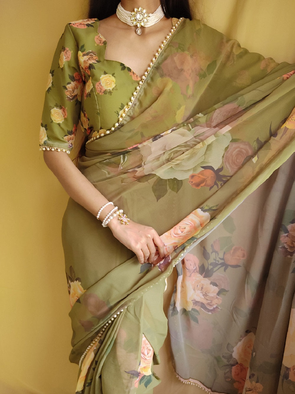 Ready To Wear Mehndi Color Printed With Peral Lace Border Georgette Stylist Saree