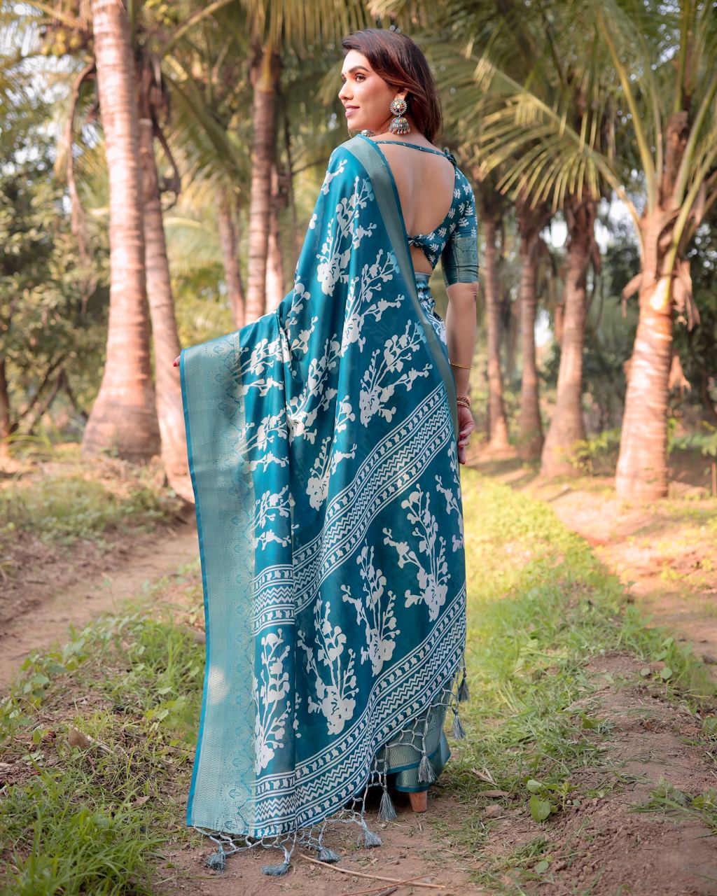 Beautiful Rich Pallu Digital Printed Sky Blue Jacquard Work Silk Saree
