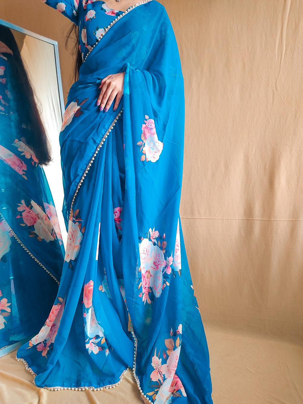 Ready To Wear Firozi Color Printed With Peral Lace Border Georgette Stylist Saree