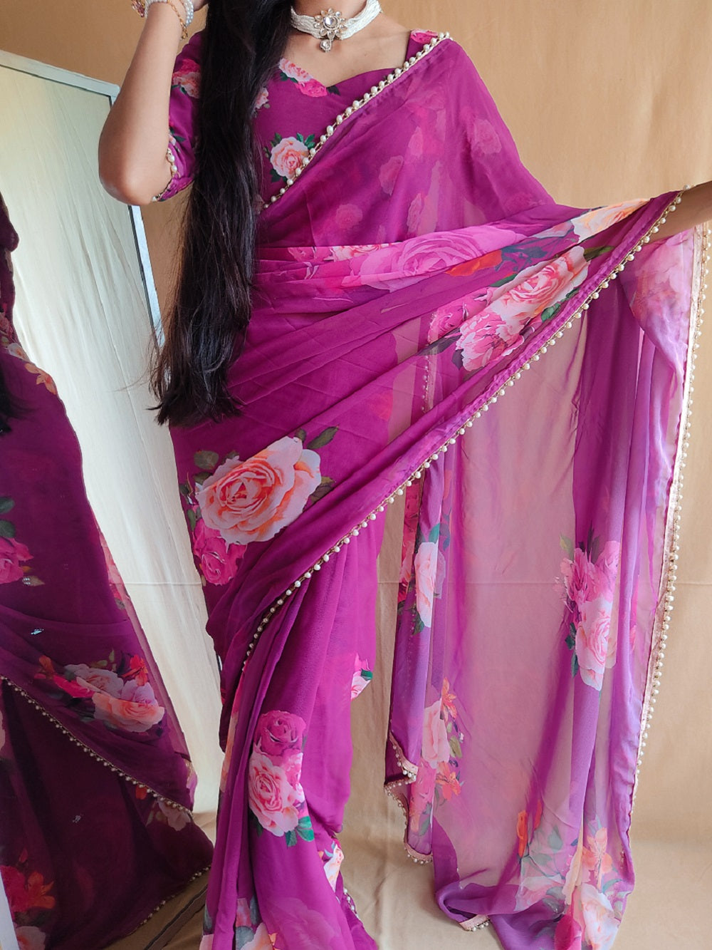 Ready To Wear Purple Color Printed With Peral Lace Border Georgette Fancy Saree