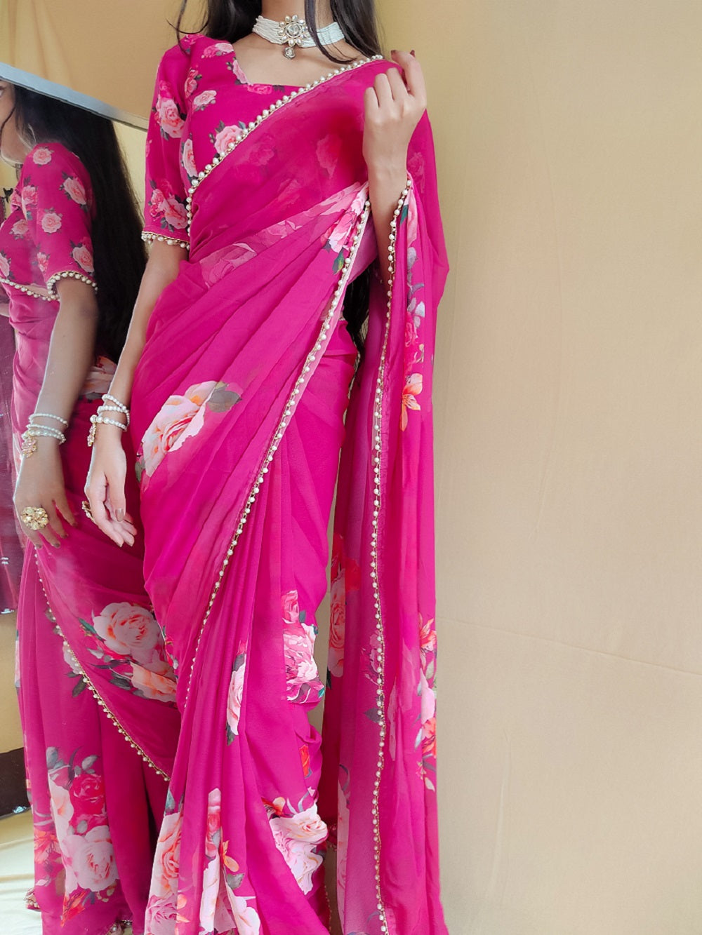 Ready To Wear Pink Color Printed With Peral Lace Border Georgette Trending Saree