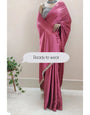 1-MIN READY TO WEAR Rose Pink Satin Silk Saree With Handmade Tassels On Pallu