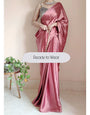 1-MIN READY TO WEAR Dusty Rose Satin Silk Saree With Handmade Tassels On Pallu