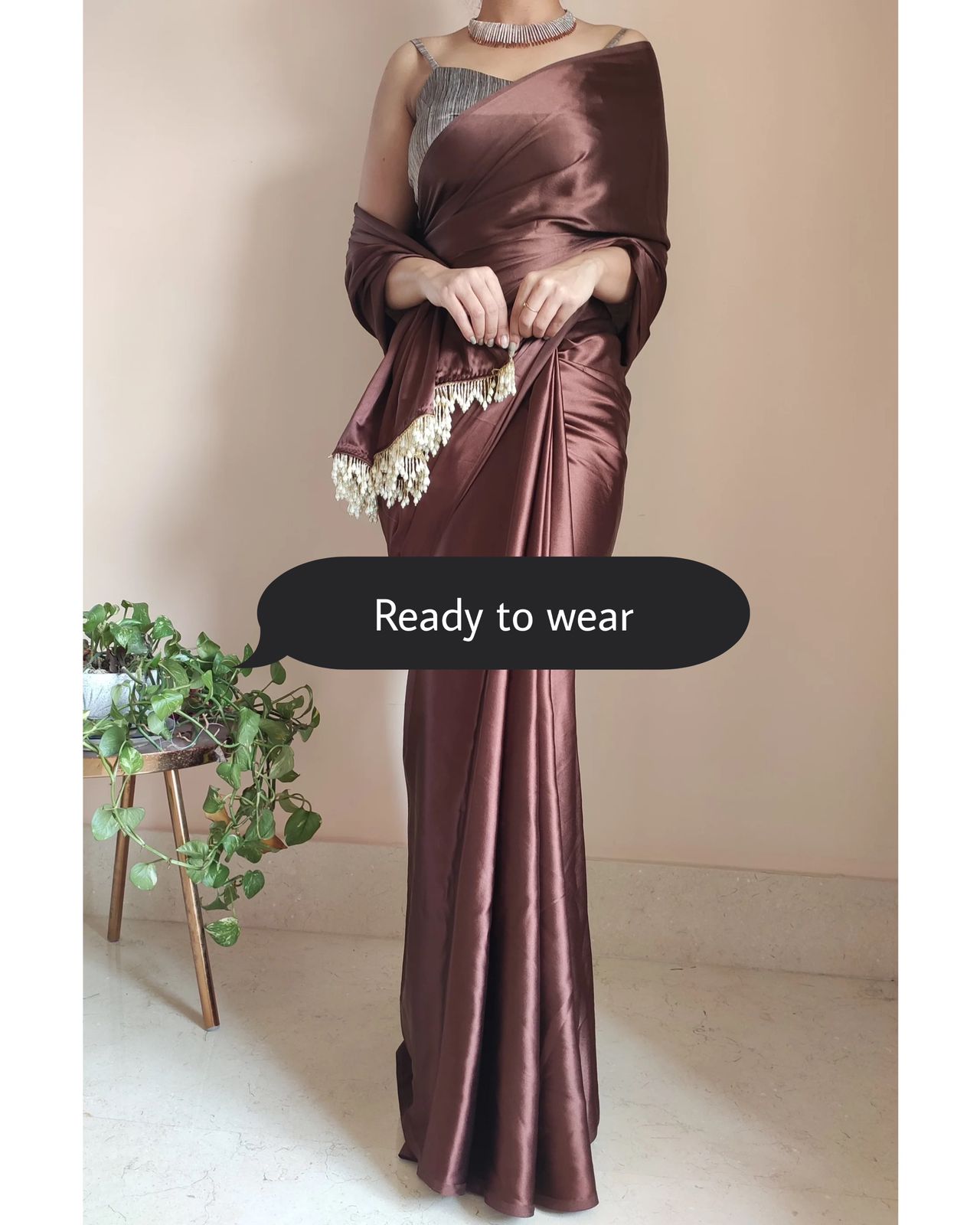 1-MIN READY TO WEAR Coffee Brown Satin Silk Saree With Handmade Tassels On Pallu