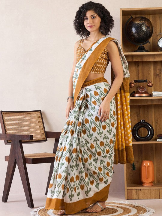 Ethnic Motifs Poly Cotton Ready To Wear Ikat Saree