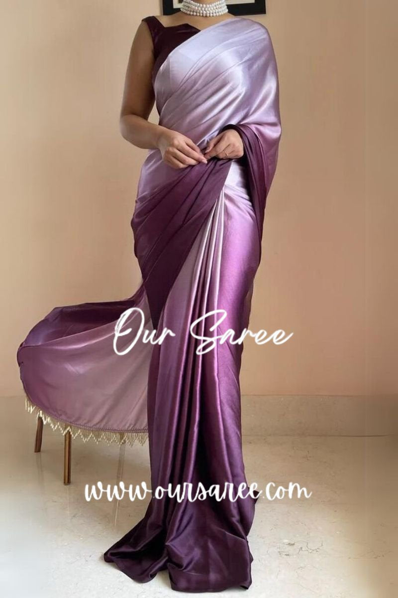 1-MIN READY TO WEAR  Black Currant Ombré Crepe Silk Saree with Handmade Tassels on Pallu